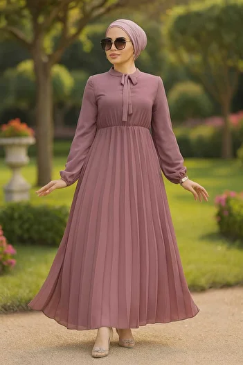 Neva Style Φόρεμα Hijab με γραβάτα Dusty Rose 50351GK