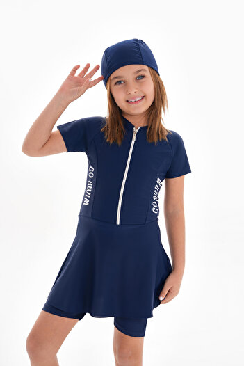 Paleys Mayo Uv Protection Short Sleeve Girls Swimsuit with Skirt Leggings Navy Blue