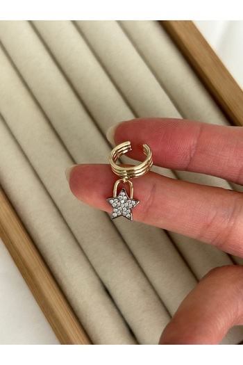 ringbox Gold Sallantılı Yıldızlı Taşlı Kıkırdak Küpe Earcuff