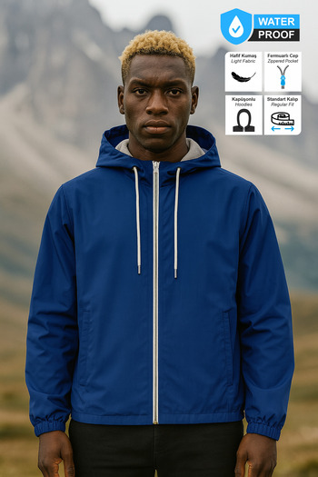 BESSA Blue Raincoat Water Resistant Seasonal Fabric Hooded Zippered Pocket Mesh Inner Design Men