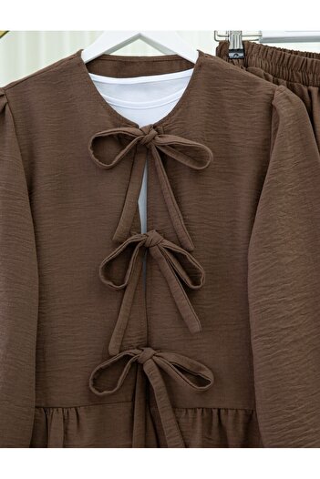 Modamorfo Lace-Up Front Sleeve Elastic Skirt Suit - Brown