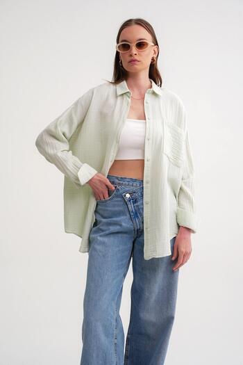 Mixray Women's Oversize Pocket Wet Shirt and Sage