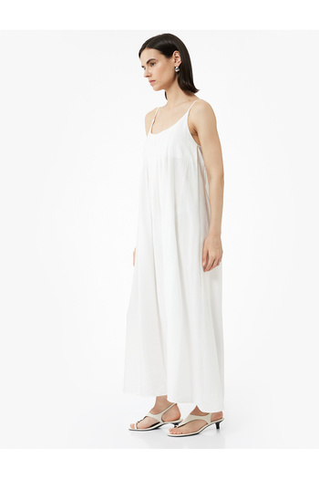 Koton Viscose Fabric Comfortable Fit Midi Length Slim Strap Flared Dress