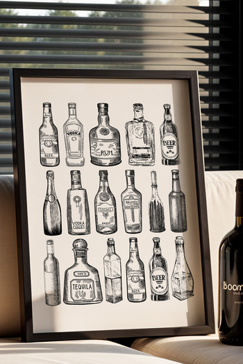 HİGUERA Alkol Şişeleri Eskiz Çizimli BAR Doğal Ahşap Çerçeveli Mutfak Duvar Tablosu