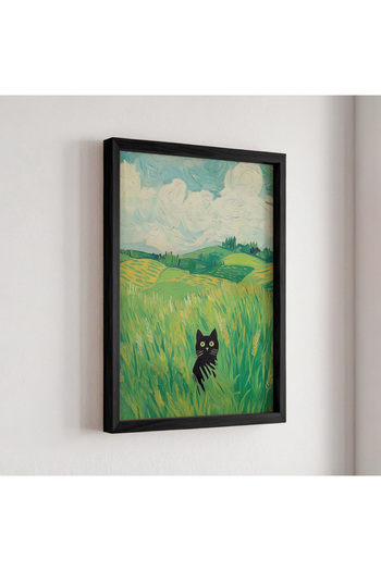 HİGUERA Buğday Tarlasında Siyah Kedi Van Gogh Esintili Modern Sanat Doğal Ahşap Çerçeveli Duvar Tablosu