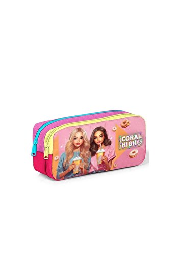 Coral High Kids Pink Neon Coral Fashion Girl Patterned Two Compartment Pencil Bag 22144