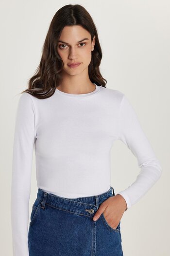 Tudors Γυναικεία Slim Fit Βαμβακερή μακρυμάνικη μπλούζα με λευκό λαιμόκοψη