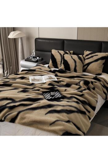 FIONNA.RO Faux Mink Fur Zippered Blanket and Pillowcase Set - Cocoa Beige with Milk