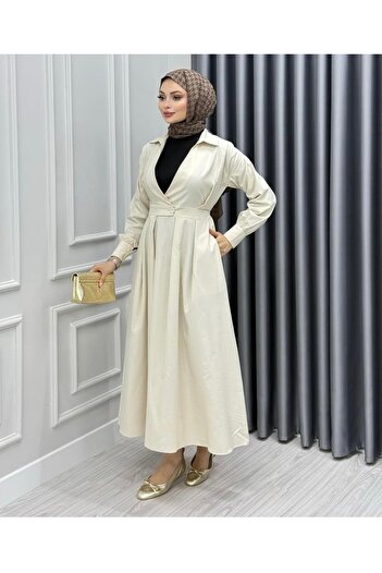 MOVELLA FASHİON Shirt Collar Poplin Cvc Fabric Design Long Dress