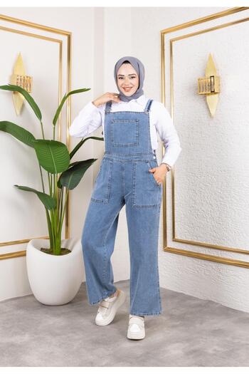 HARMAN BUTİK Salopetă de damă din denim albastru cu detaliu de buzunar