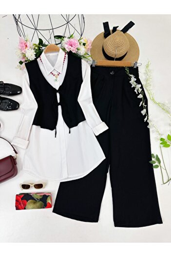 YEDİLALE Linna Vest Shirt Wide-Let Blouse Trousers Triple Set