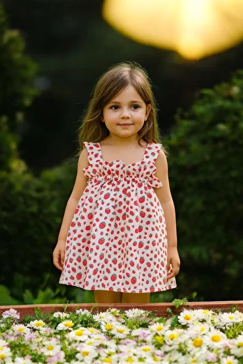 eradkids Girl's Strawberry Patterned Ruffle Detail Hanging Dress