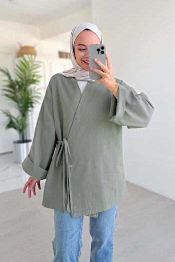 Ka Hijab Side Tie Linen Kimono - Mint Green