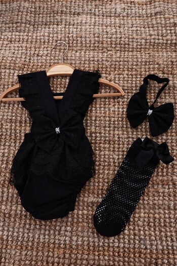 ŞAPKAKİDS Black Lace Salopet Stone Detail Bandana Sock Set