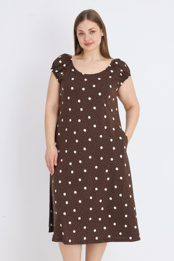İntensive Brown Polka Dot Strap Cotton Pocket Women's Plus Size Dress
