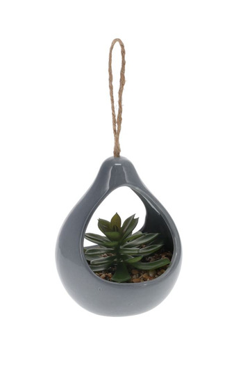 Koopman Planta artificiala Suculenta, Azay Design, in suport ceramic gri, cu agatatoare din sfoara, H 14cm