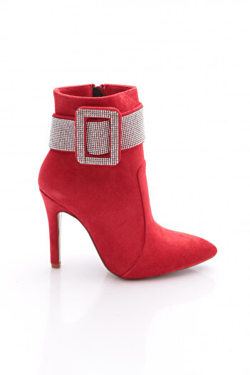 DGN 4258 Women's Pointed Toe Crystal Stone Belt Buckle Thin Heeled Boots