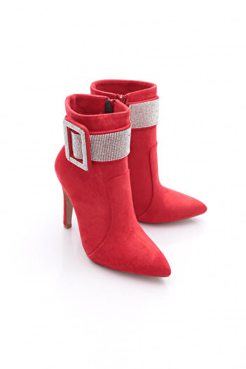 DGN 4258 Women's Pointed Toe Crystal Stone Belt Buckle Thin Heeled Boots
