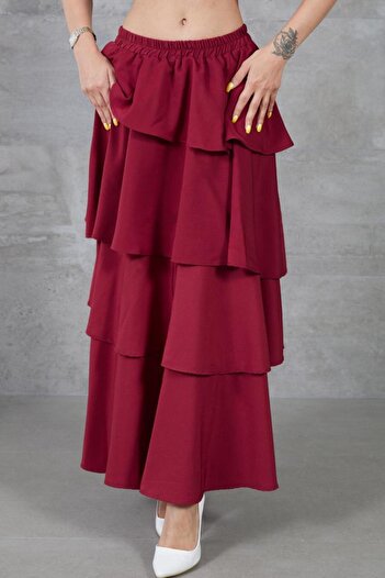 NEW LAVİVA Women's Burgundy Flounced Layered Elastic Waist Kupra Lined Crepe Skirt Suitable for Hijab