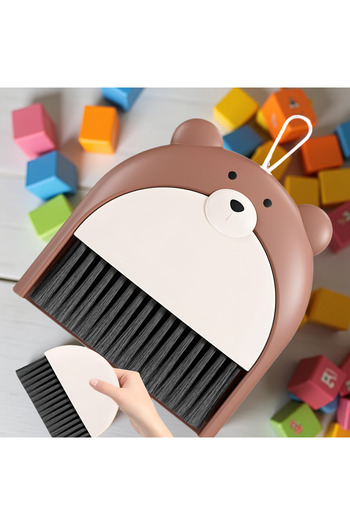 Tim Broom and Dustpan Set, Timacon, For Office and Home, Bear Pattern, 23.5 x 18 cm, Brown