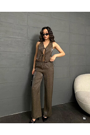 Bak'ap Premium Trend Shiny Leopard Patterned Vest with Lacing Detail - Wide Leg Trousers 2-Piece Set