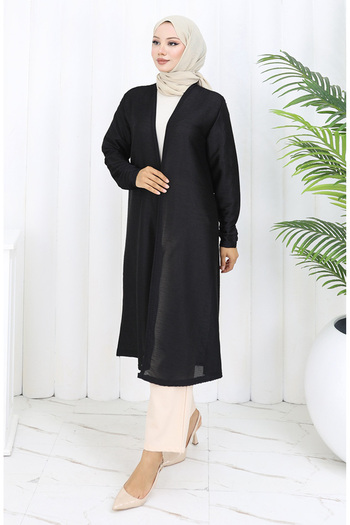 sefamerve Simple Long Seasonal Black Cardigan 8756-01 Black