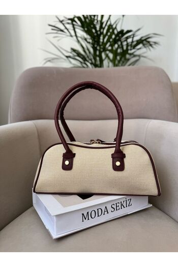 Moda Sekiz Women's Black Color Straw Baguette Handbag and Shoulder Bag with Faux Leather Zippered Sides