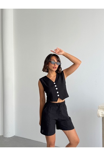 BEJNA Women's Black Linen Vest Shorts Bottom Top Set