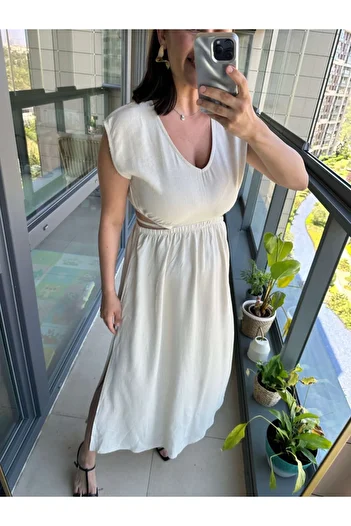 Elif Özbey Butik Stone Side Decollete Linen Dress