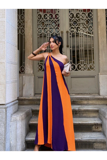 hazelin Women's Orange Purple Piece Block Shoulder Detail Dress Hzl25S-Dsb107651