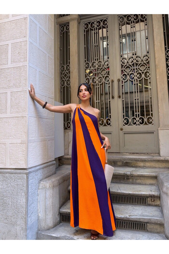 hazelin Women's Orange Purple Piece Block Shoulder Detail Dress Hzl25S-Dsb107651