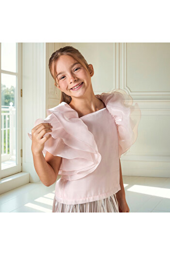 Juniors Solid Ruffle Detail Top with Square Neck and Button Closure