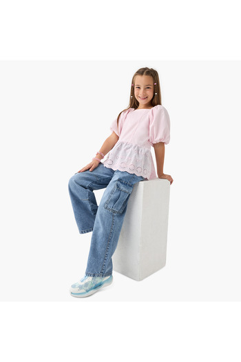 Juniors Schiffili Textured Peplum Top with Square Neck and Short Puff Sleeves