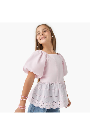 Juniors Schiffili Textured Peplum Top with Square Neck and Short Puff Sleeves
