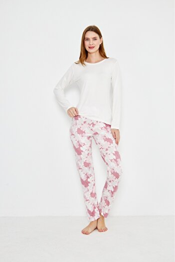 ÇağrıHome Women's 100% Cotton Luxury Viscose Fabric White Six Flower Pattern Long Sleeve Thin Winter Pajamas Set