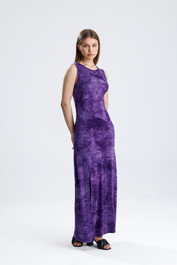Sense Slit Sleeveless Lycra Viscose Dress |   Elb35734 Purple Tie Dye