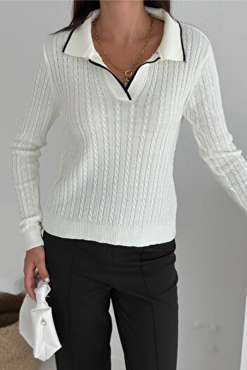 FEMELLE Women's Ecru Polo Neck Standard Size Knitwear Blouse