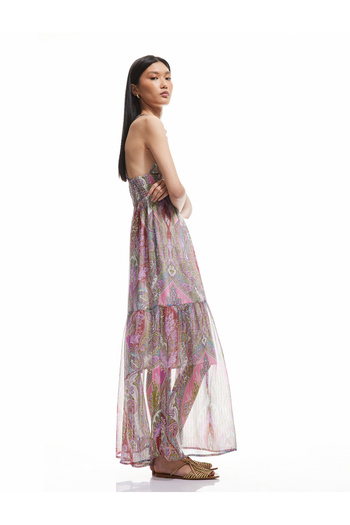 Koton Lined Ethnic Pattern Layered Halter Neck Strap Long Chiffon Dress