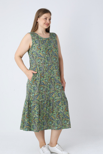 İntensive Green Patterned Strap Button Pocket Cotton Women's Plus Size Dress