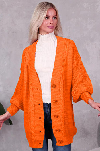 POİNE Hair Braided Balloon Sleeve Knitwear Winter Buttoned Women's Cardigan