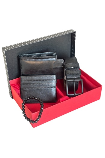 Tisaati Premium Series Special Boxed Luxury Leather Horizontal Wallet Belt and Bracelet Men's Set