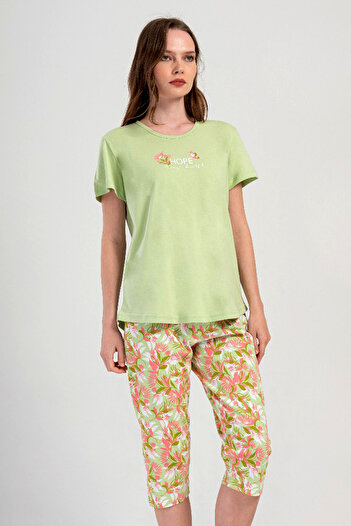 VİENETTA Cotton Women's Short Sleeve Capri Pajama Suit, 409020