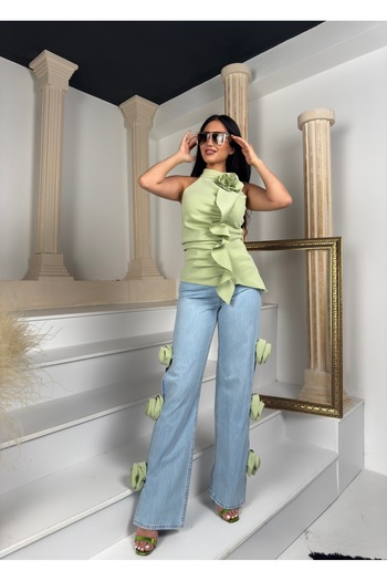 1Moda1Tarz Top Imported Lined Scuba Fabric Rose and Shawl Detail Blouse Bottom Imported Denim Side Rose Detail Special Design Suit