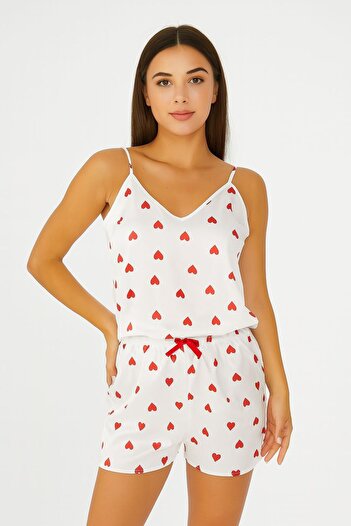 CLADİS Women's Heart White Satin Shorts Set Stylish Nightdress
