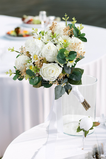Yapay Çiçek Deposu Green White Spring Bridal Bouquet Set of 2