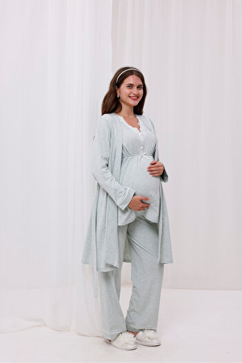 Yulem Homewear Su Yeşili Melanj Dantel Yaka Lohusa Hamile Sabahlıklı 3'lü Pijama Takım Set