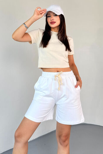 Cappmoda Şrt-16025 White Drawstring Long Elastic Shorts