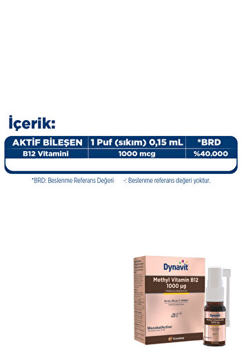 Dynavit Methyl Vitamin B12 1000mcg 10mL Dilaltı Sprey- 2’li Avantaj Paketi-B12 Vitamini
