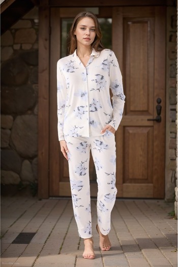 Pierre Cardin Women's Home Wear Shirt Collar Cotton 2'Li Cream Pajamas Set Ll.Pc88.K83.D01