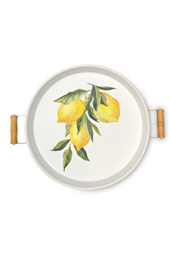 hemlife 37cm Wooden Handle White Lemon Printed Metal Tray Round Tray Tea Tray Presentation Tray